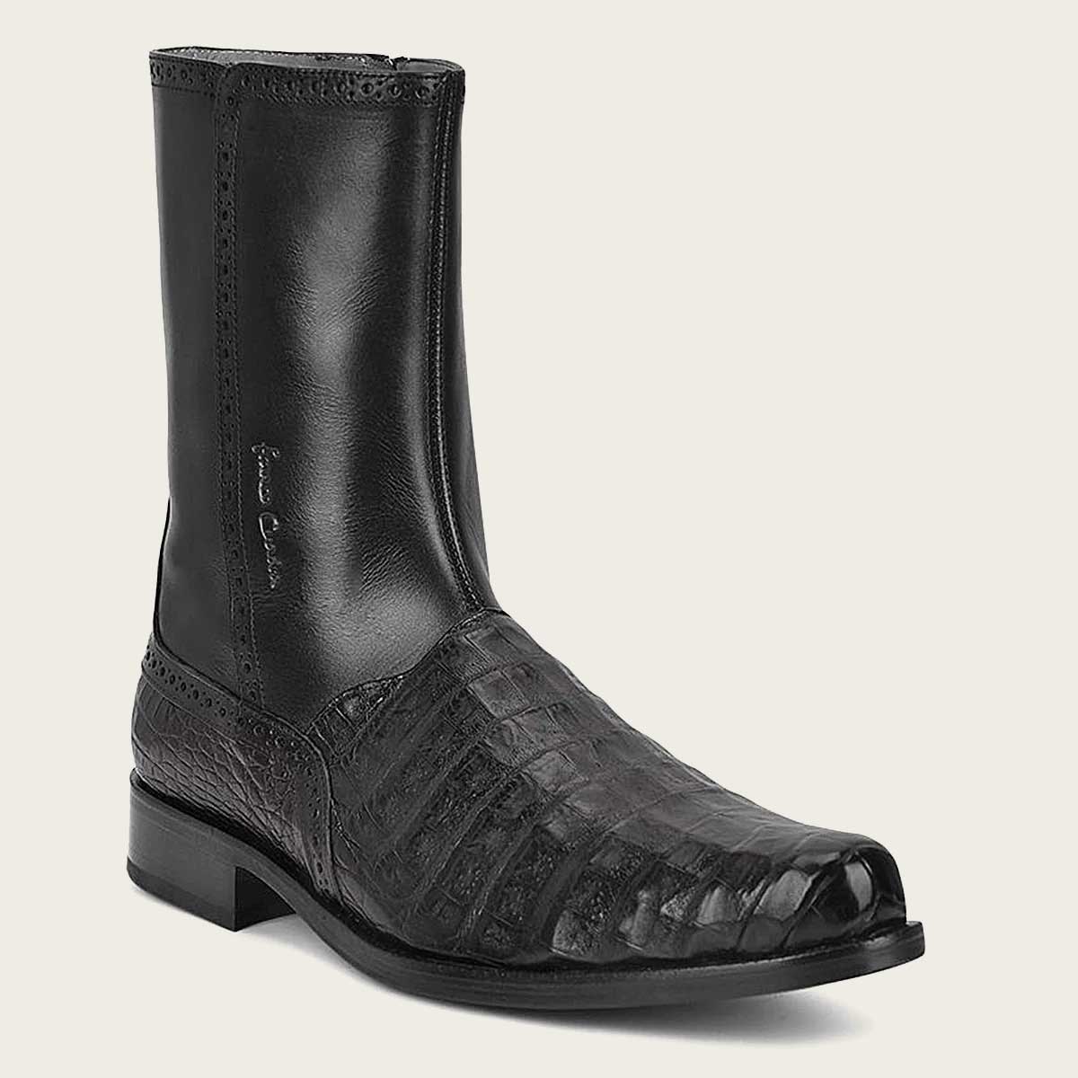 Exotic black leather boot, hand-painted for a one-of-a-kind style statement.