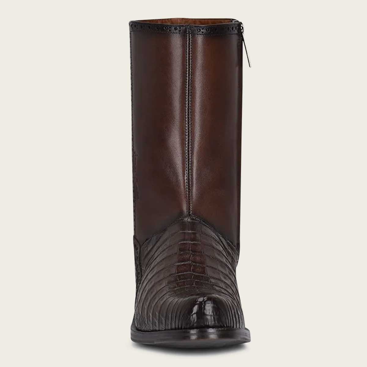 Exotic brown leather boot, hand-painted for a unique look.