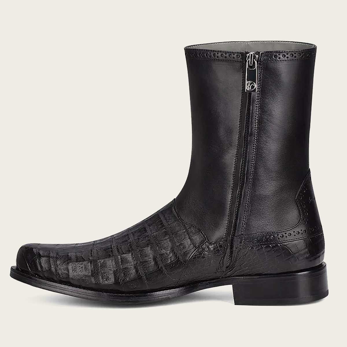Exotic black leather boot, hand-painted for a one-of-a-kind style statement.