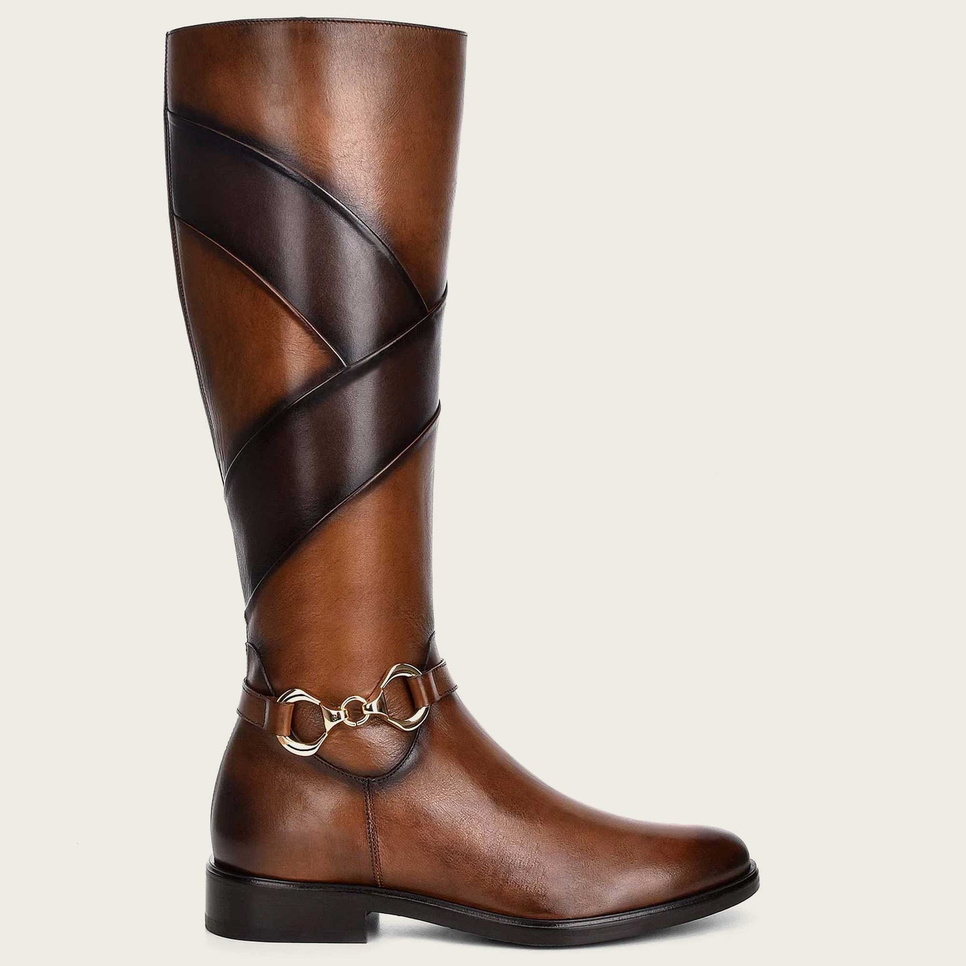 Hand-painted honey leather riding boot with contrasting colors and fine metallic detailing.