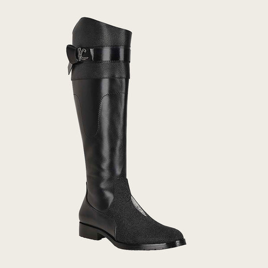 A sleek black riding boot made from exotic stingray leather, perfect for the fashion-forward equestrian.