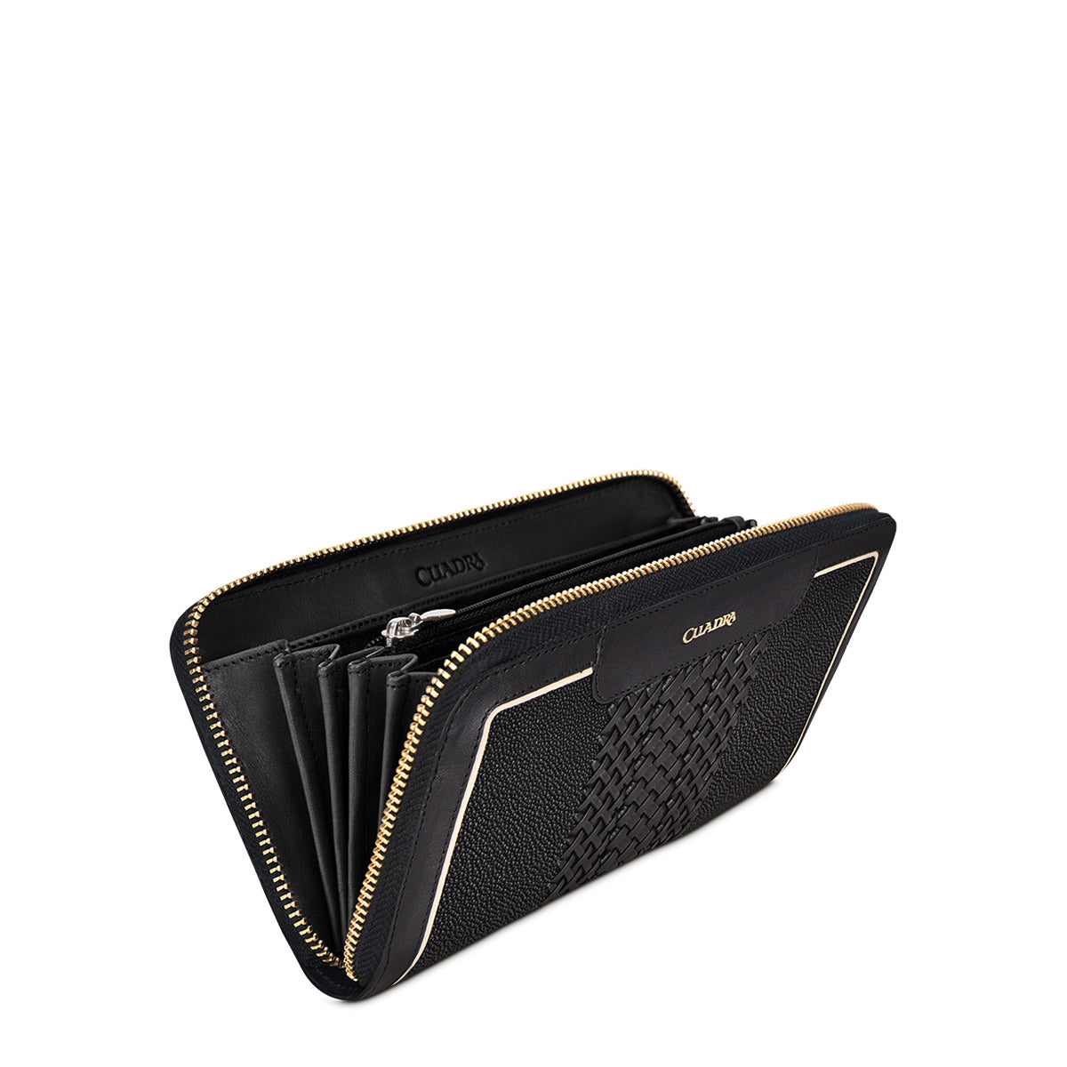 Black leather wallet with front intewoven detail