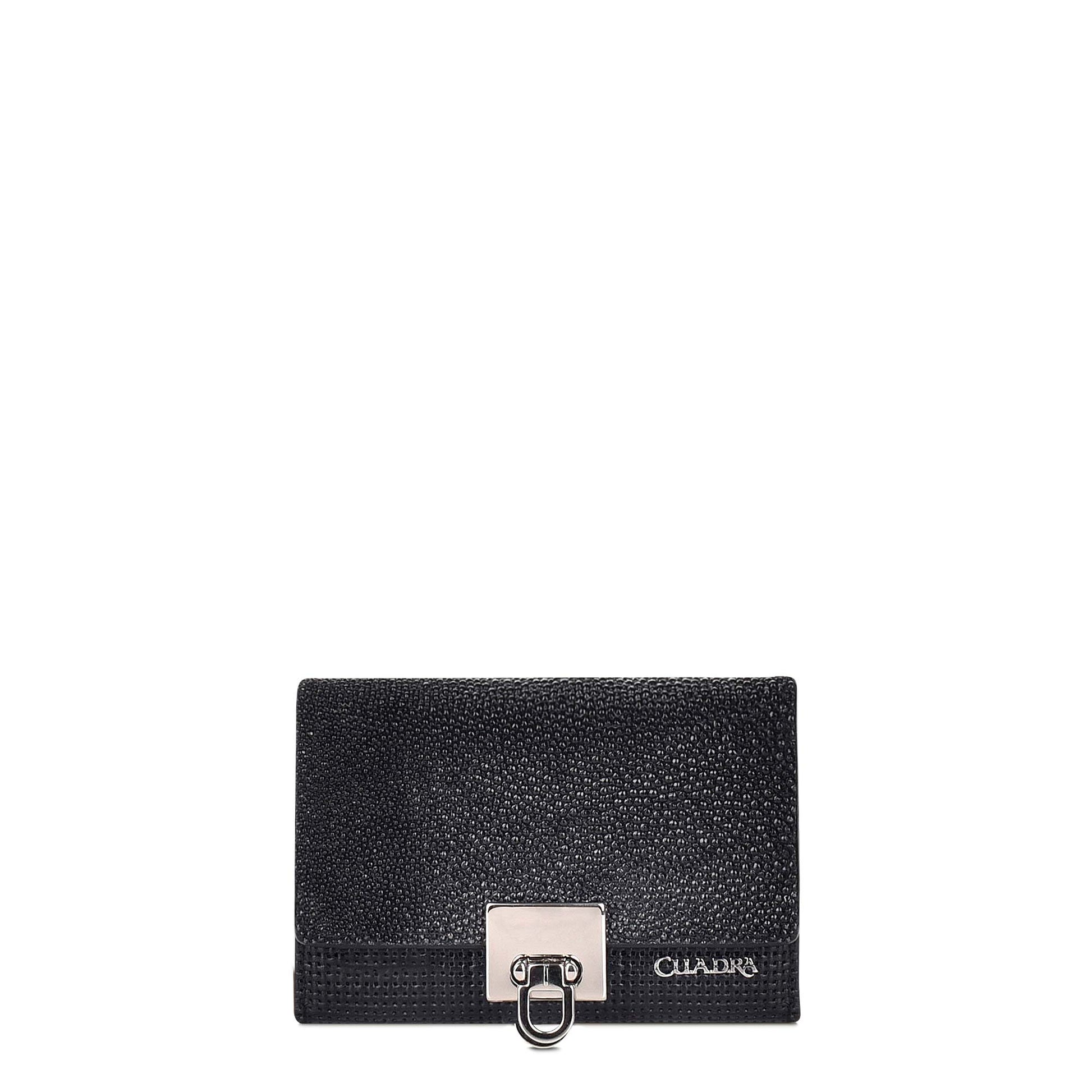 Engraved black leather trifold wallet, for women in stingray leather