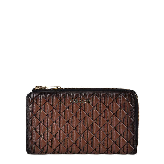 Embroidery brown leather wallet with geometric motifs