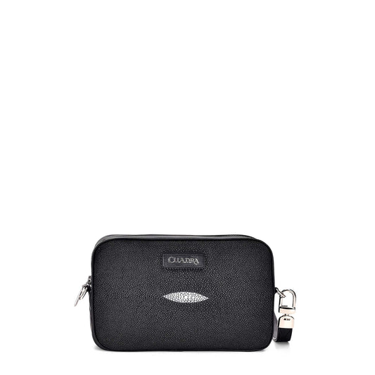 Black leather document bag, stingray leather and bovine leather.