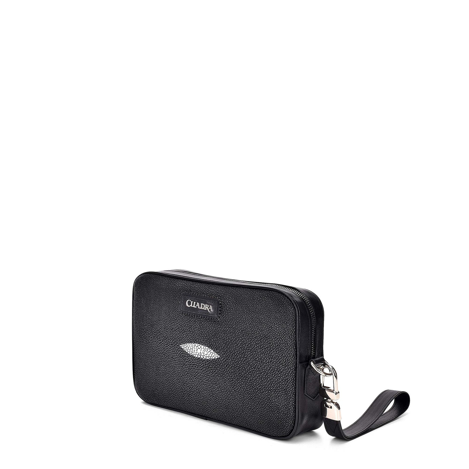 Black leather document bag, stingray leather and bovine leather with removable  strap