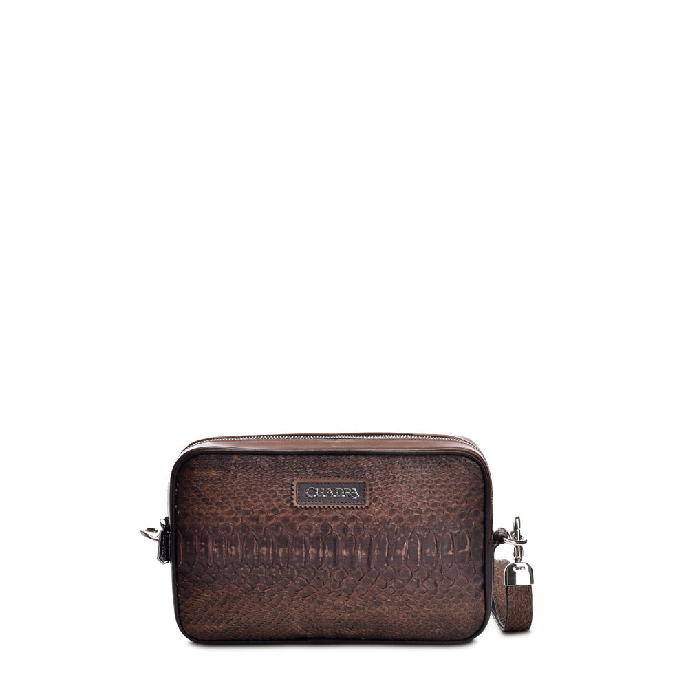 Brown leather document bag, python leather and bovine leather