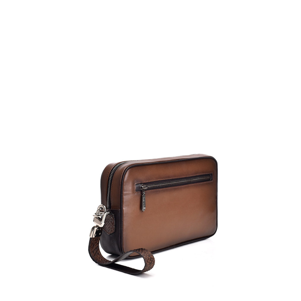 Brown leather document bag with back zippered pocket