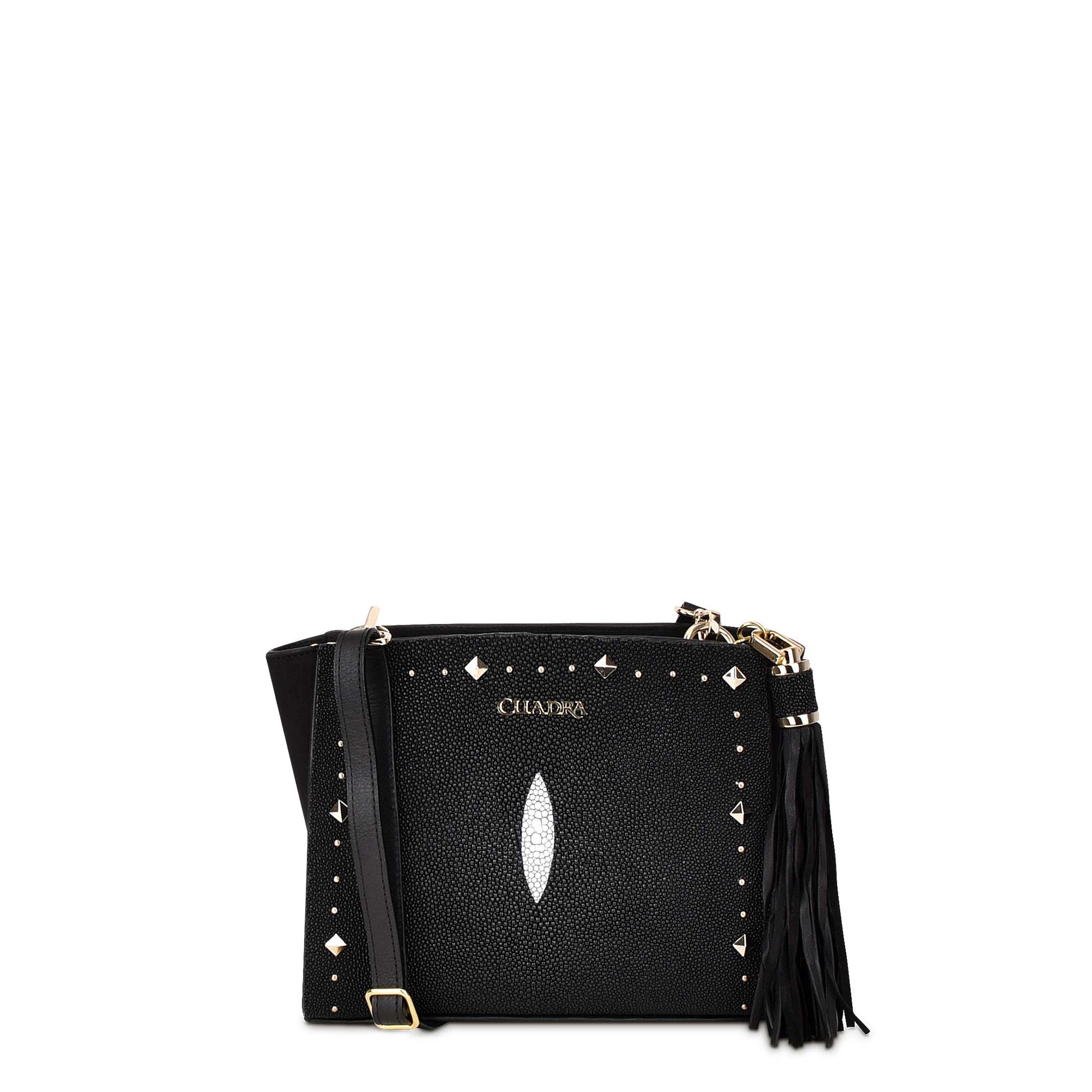 Studded black leather crossbody bag, Small bag for women in stingray leather. Nobuck bovine leather, back and removable strap in bovine leather.