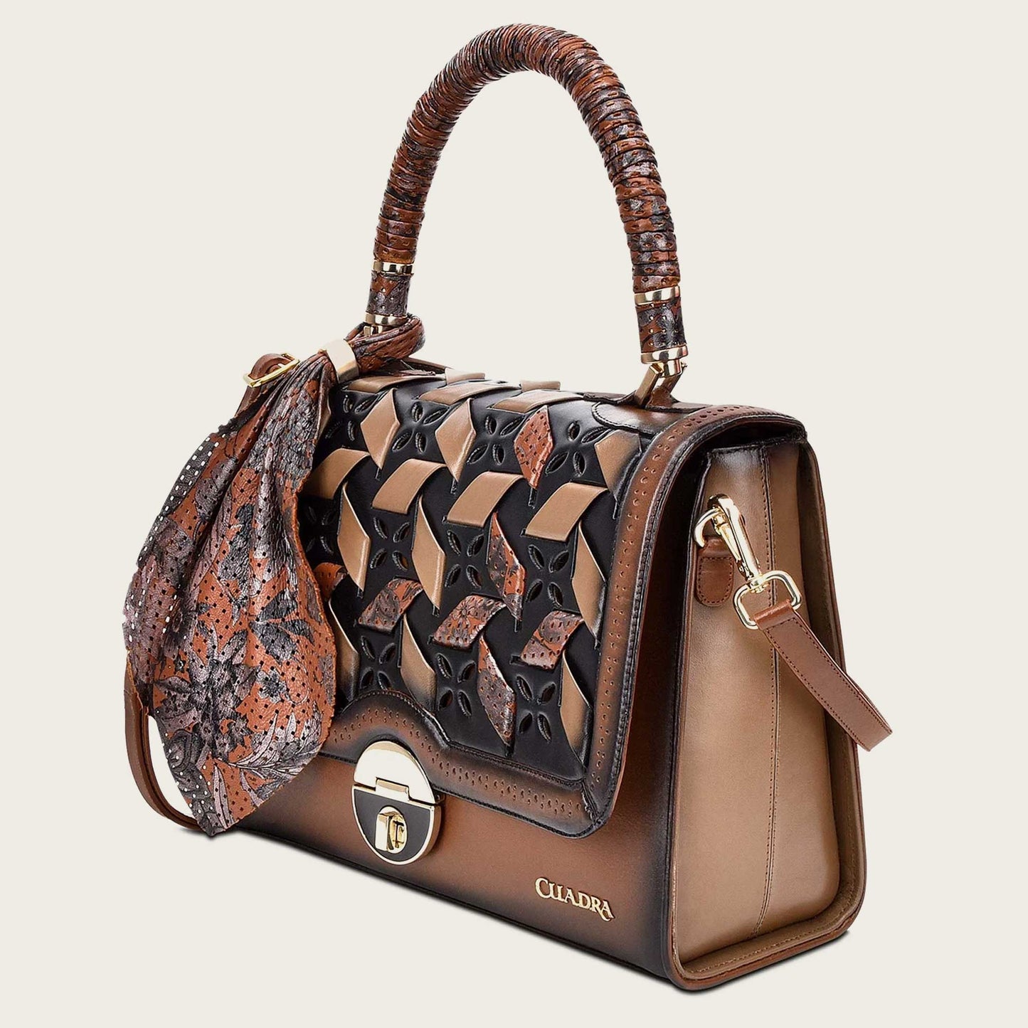 Printed brown leather satchel bag - BO371RS - Cuadra Shop