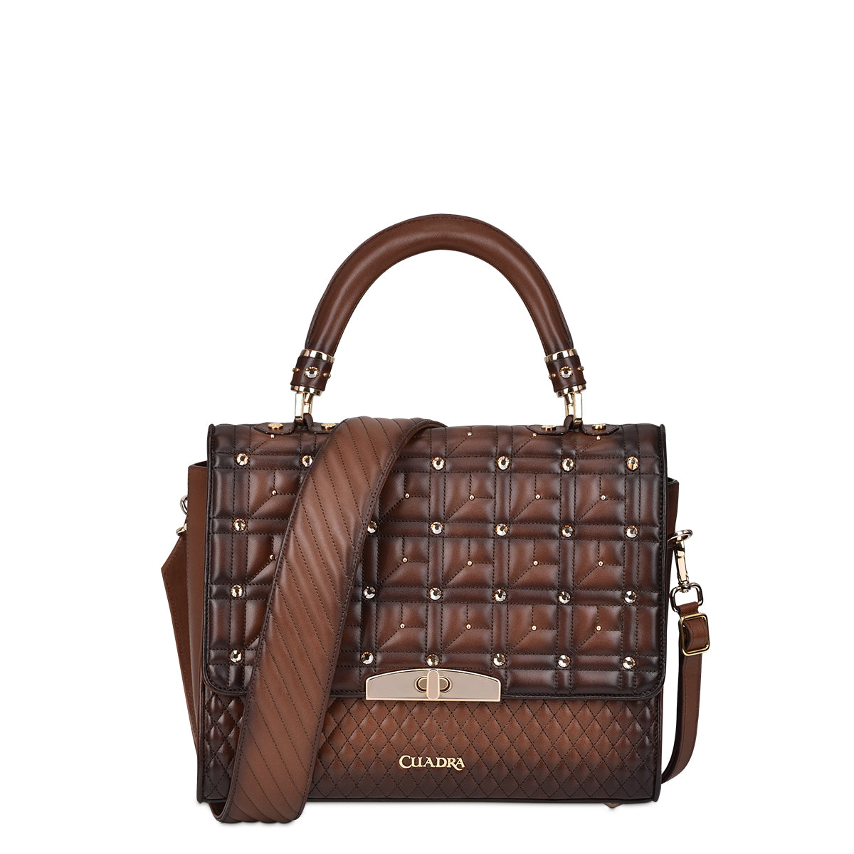 Honey leather embroidered handbag, Lady's handbag in bovine leather. Features quilted embroidery with metallic appliqués and authentic Austrian crystals.
