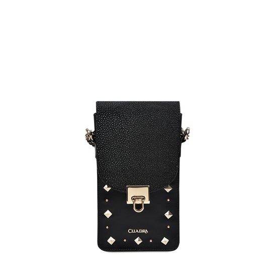 Black exotic leather cell phone bag, for women in genuine stingray and bovine leather. Studs and a metallic application of the Cuadra logo.