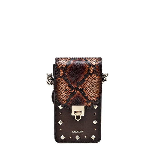 Brown exotic leather cell phone bag, for women in genuine python leather and bovine leather. Studs and a metallic application of the Cuadra logo.