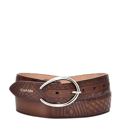 Embroidered brown leather belt, belt for women in bovine leather