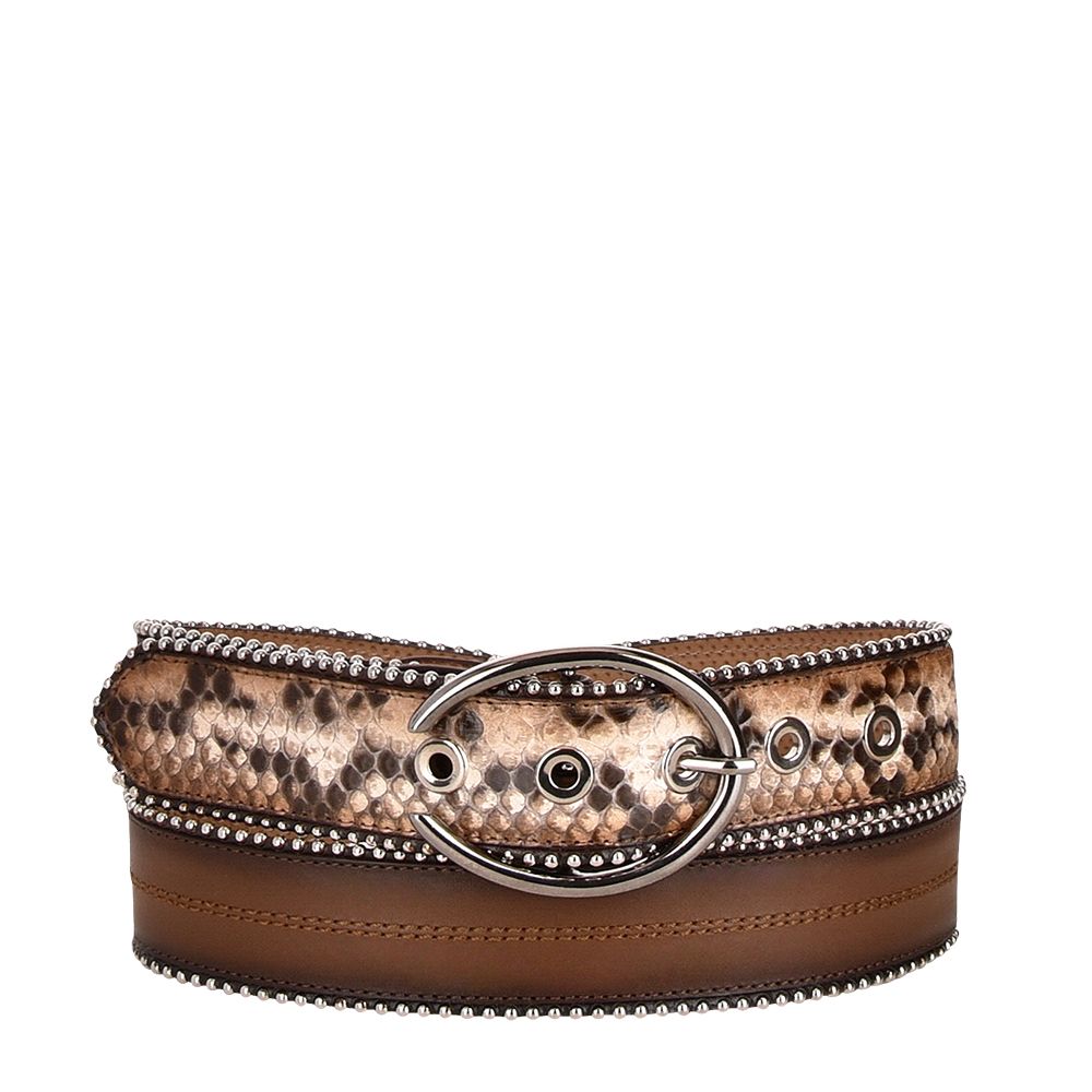 Exotic honey leather belt, bovine leather belt for women, python leather insert