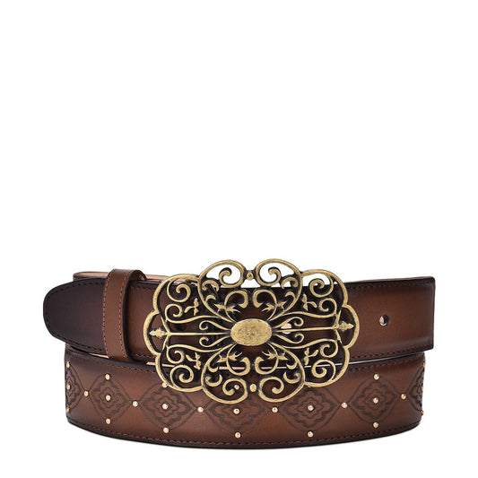 Engraved leather western belt, for women in bovine leather.