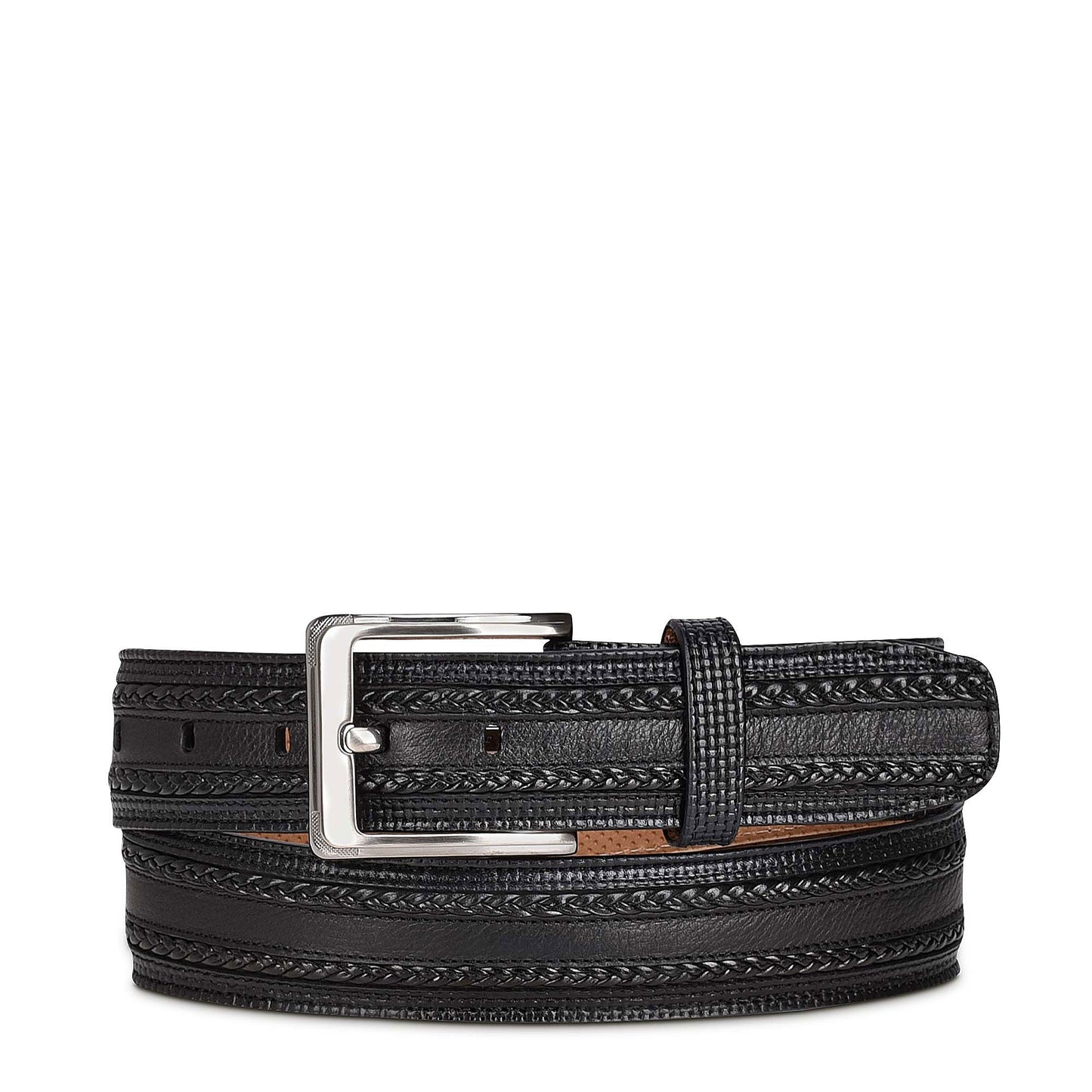 Engraved black dress leather belt