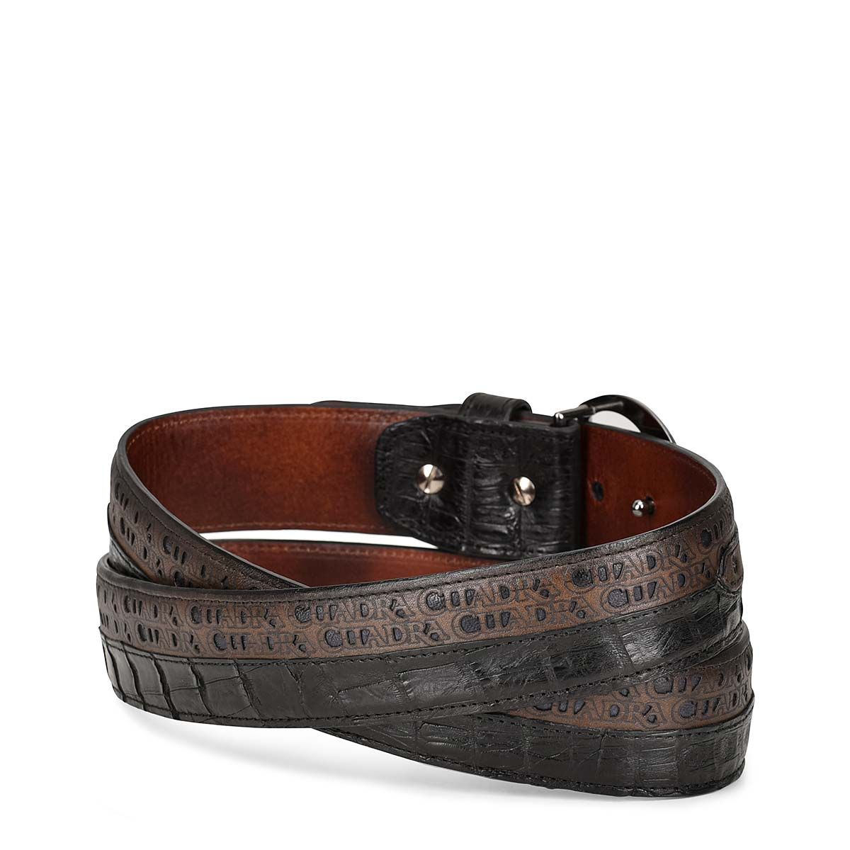 Engraved exotic bi-tone leather belt