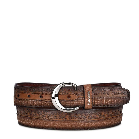 Engraved exotic honey leather belt