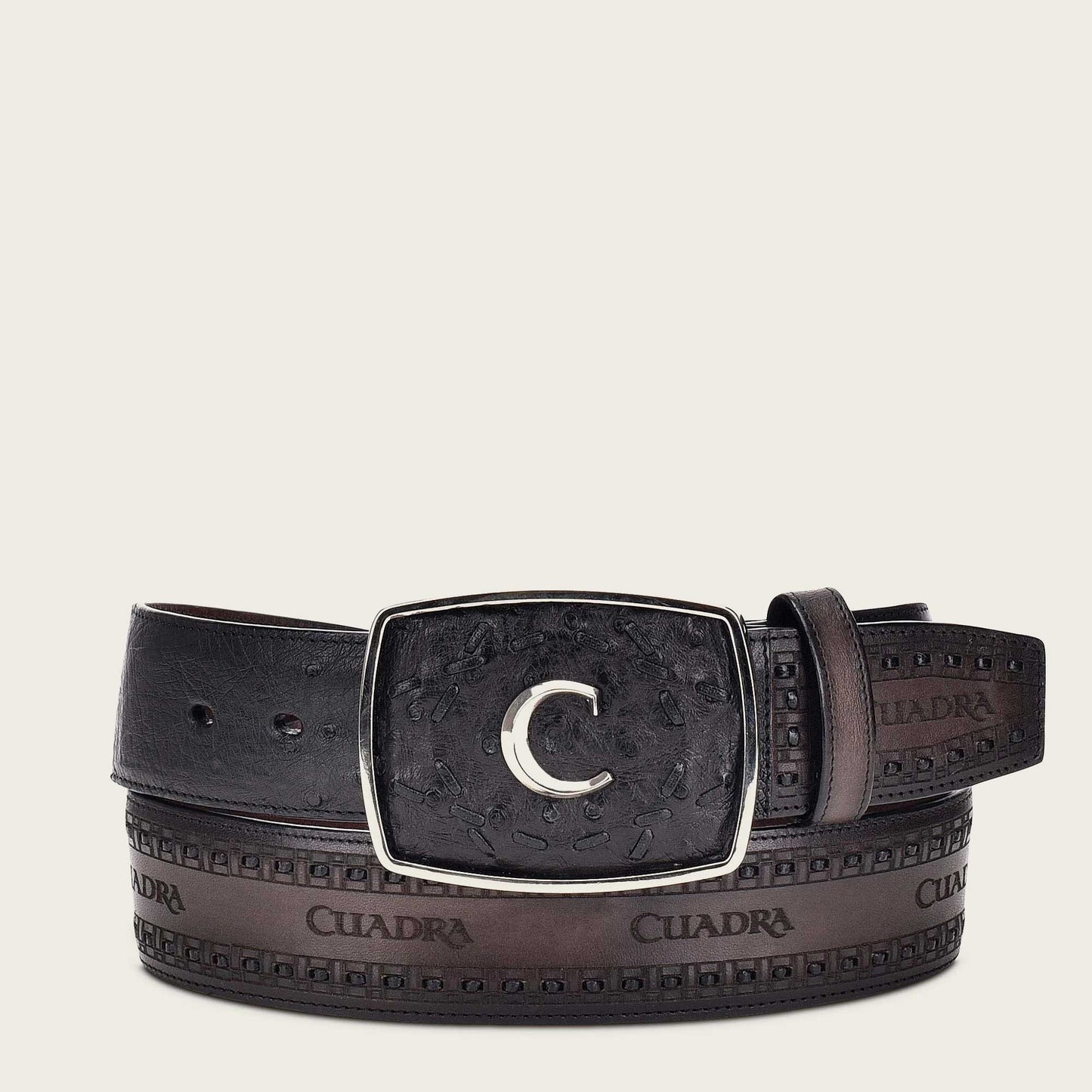 Engraved black ostrich leather western belt - CV397BA - Cuadra Shop