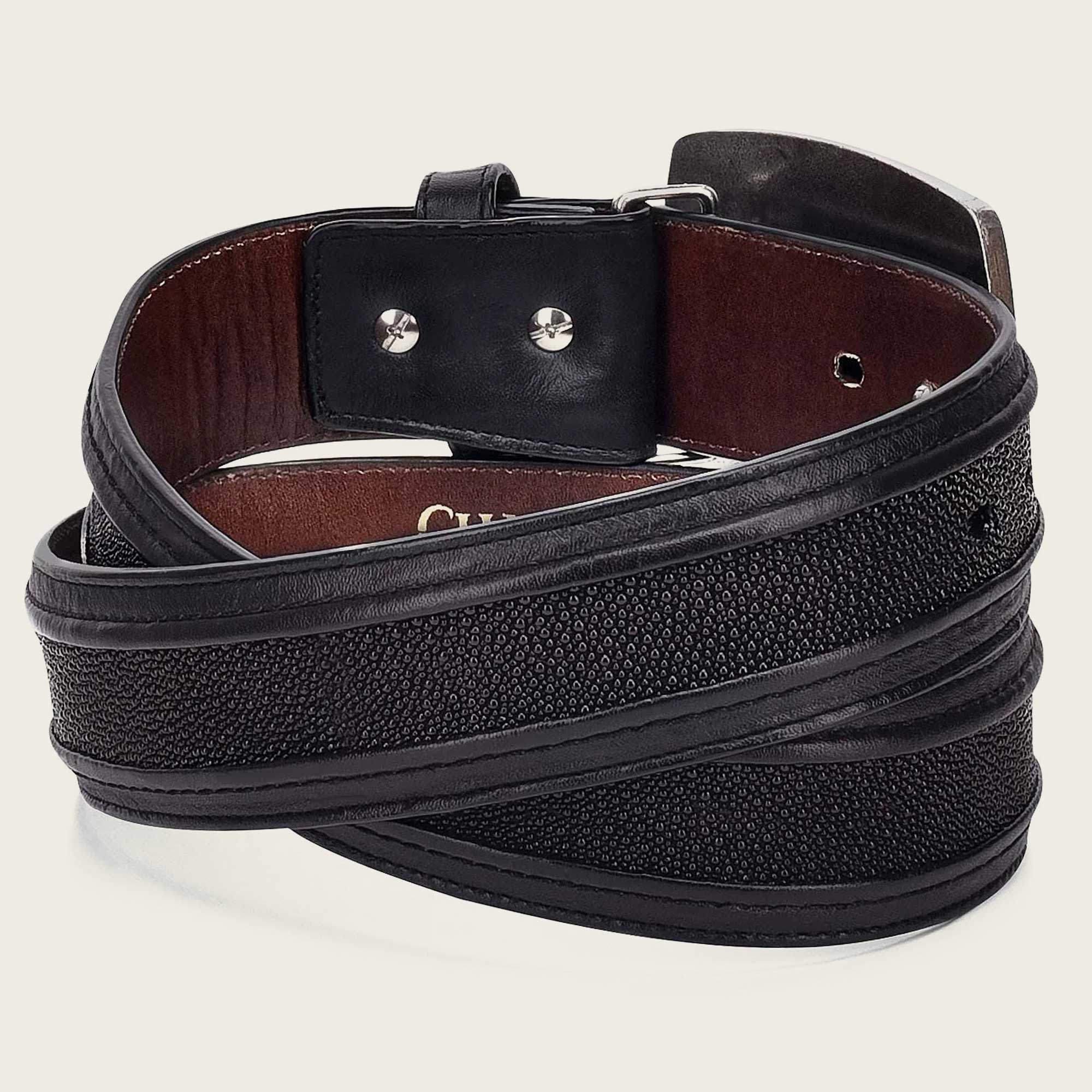 Black leather western belt with genuine stingray leather - CV9B4MA