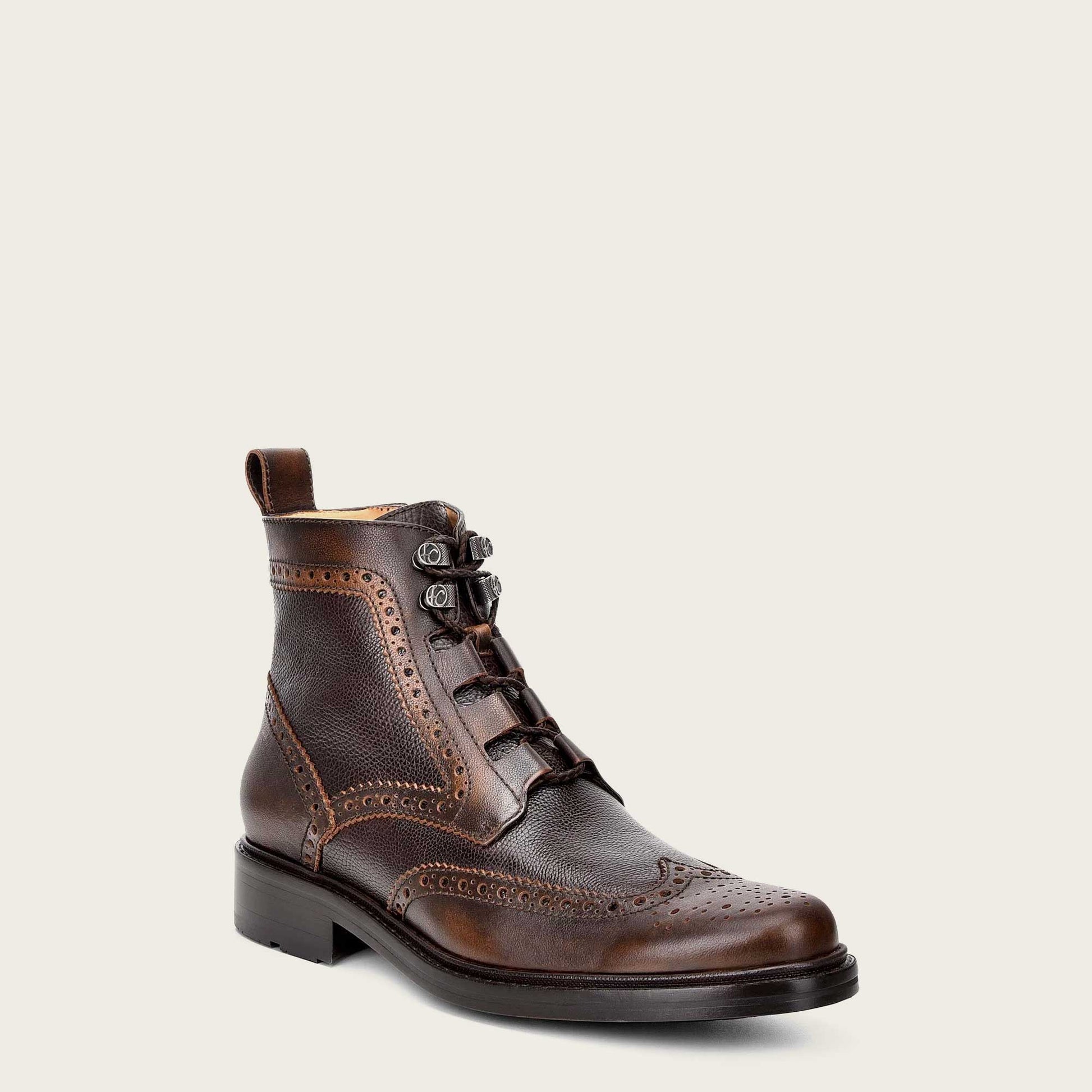 Add a touch of artistry to your wardrobe with this men's hand-painted brown bi-tone leather boot. The intricate brush strokes and color gradations create a one-of-a-kind masterpiece for your feet.