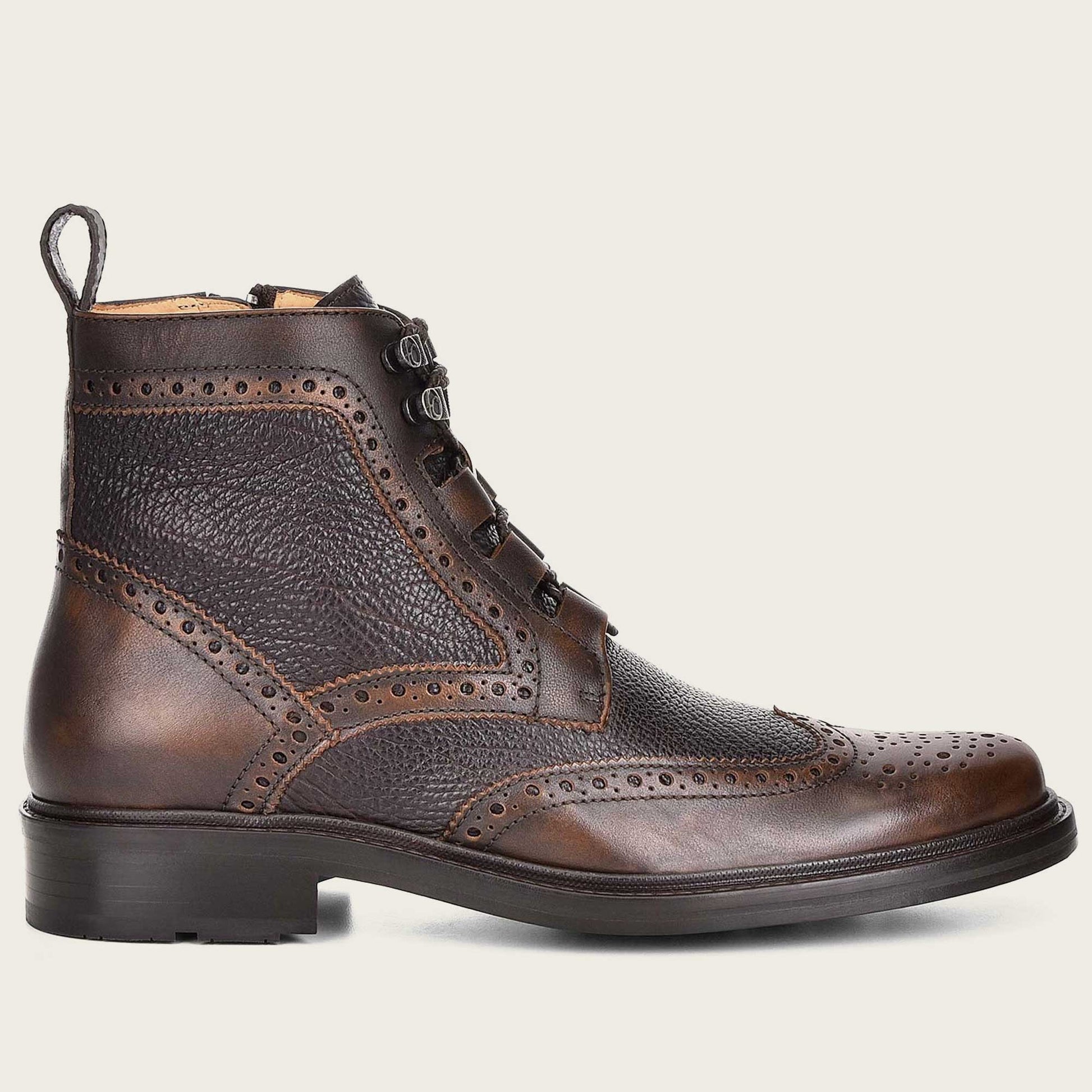 Add a touch of artistry to your wardrobe with this men's hand-painted brown bi-tone leather boot. The intricate brush strokes and color gradations create a one-of-a-kind masterpiece for your feet.