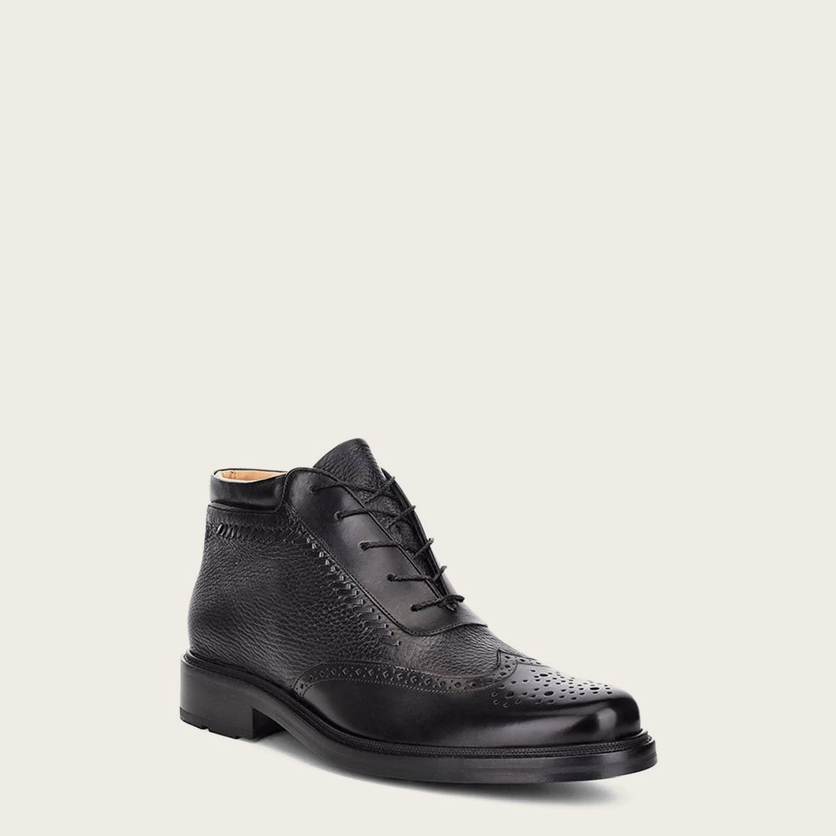 Classic black leather oxford bootie with a sleek and modern design, featuring a lace-up front and a low heel for versatile and comfortable wear