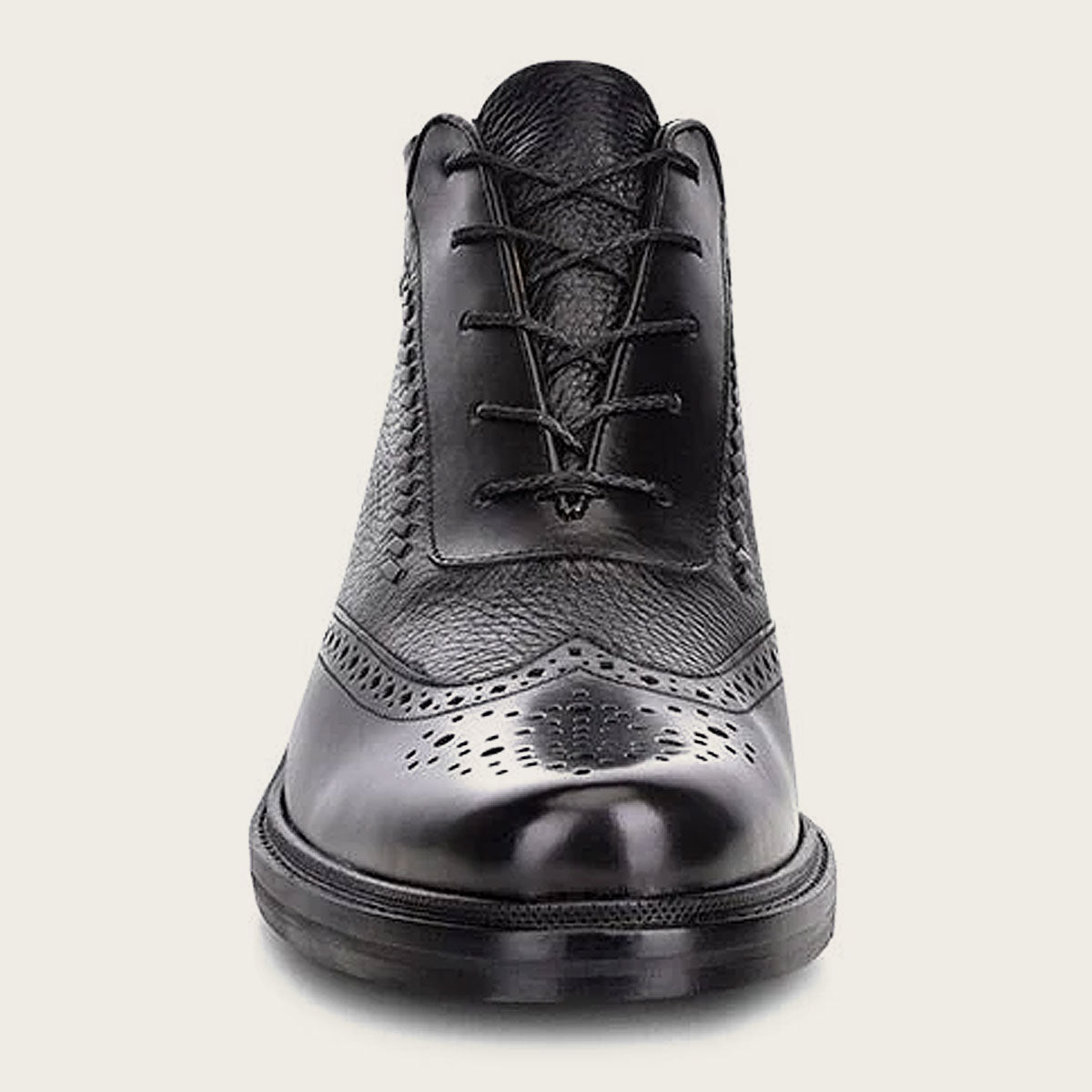 Classic black leather oxford bootie with a sleek and modern design, featuring a lace-up front and a low heel for versatile and comfortable wear