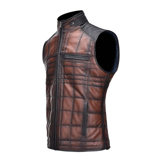 Embroidered brown reversible vest with chest and side pockets