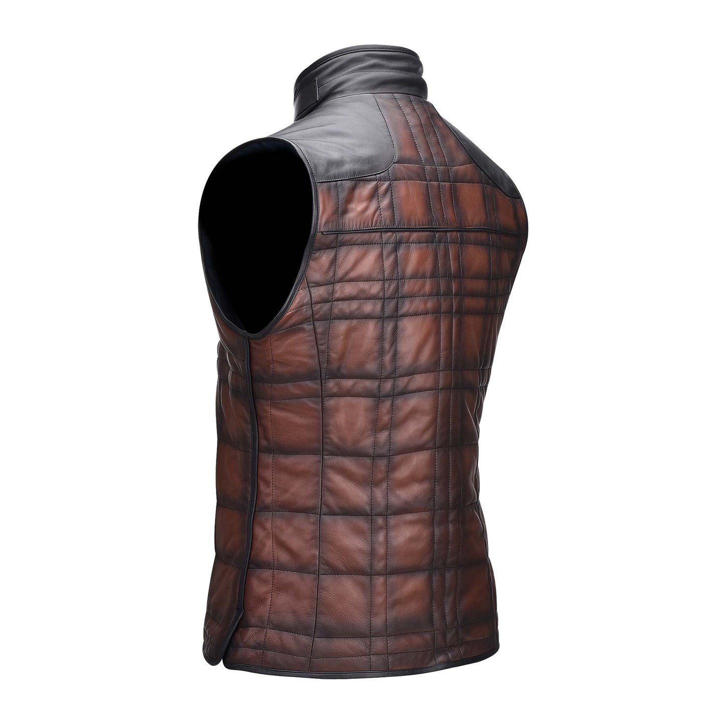 Embroidered brown leather reversible vest