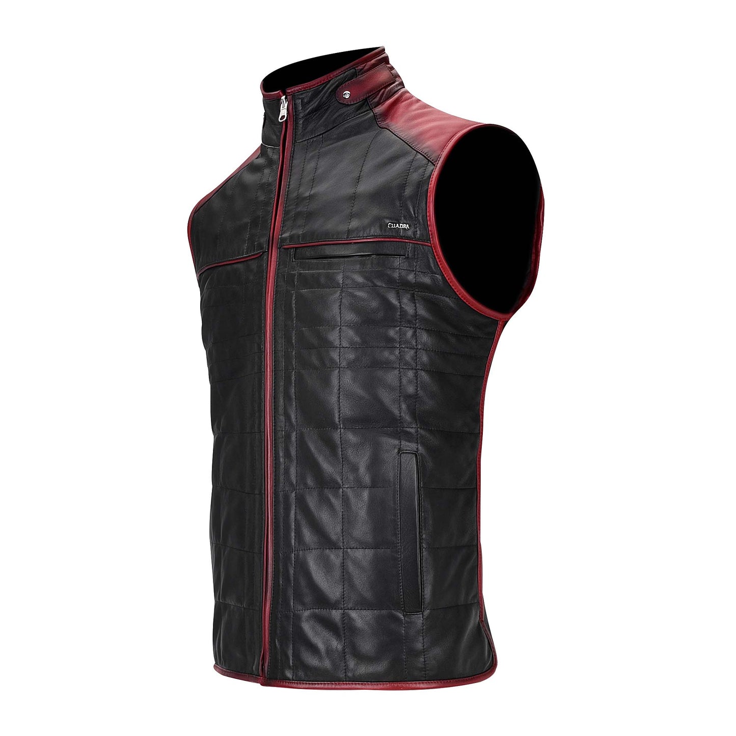 Black leather reversible vest with red touches