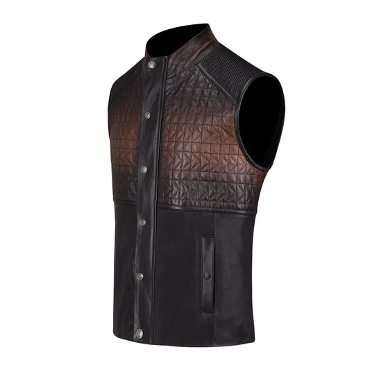 Geometric embroidered brown leather vest