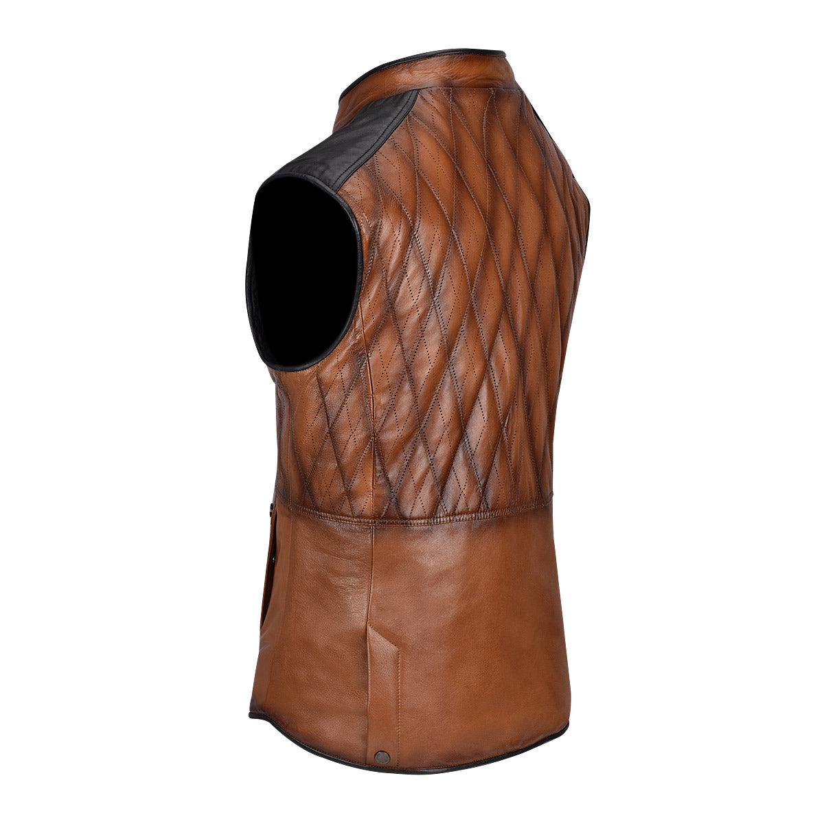 Double view brown leather vest, quilted embroidered 