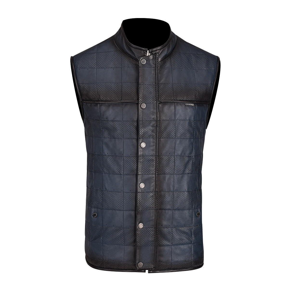Double View Blue Vest presents subtle quilted embroidery with perforations on the front and sides
