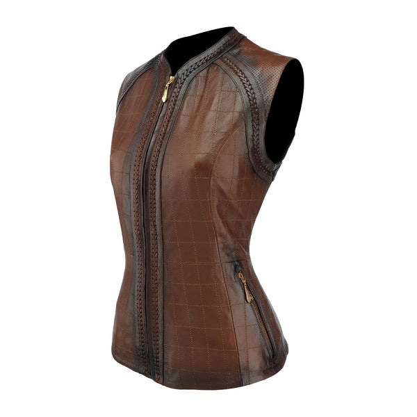 Checkered embroidered brown leather vest for women - M134BOB
