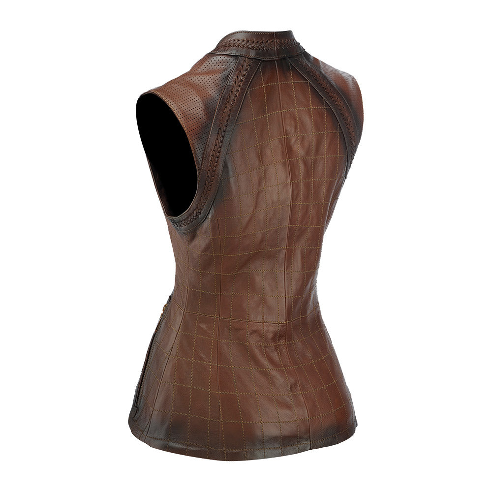 Checkered embroidered brown leather vest, Sheepskin vest for women. Fine checkered embroidery and handcrafted knit details.