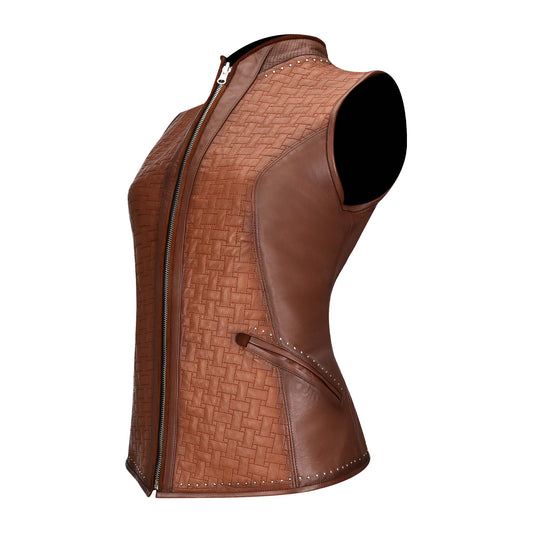 Embroidered honey leather reversible vest