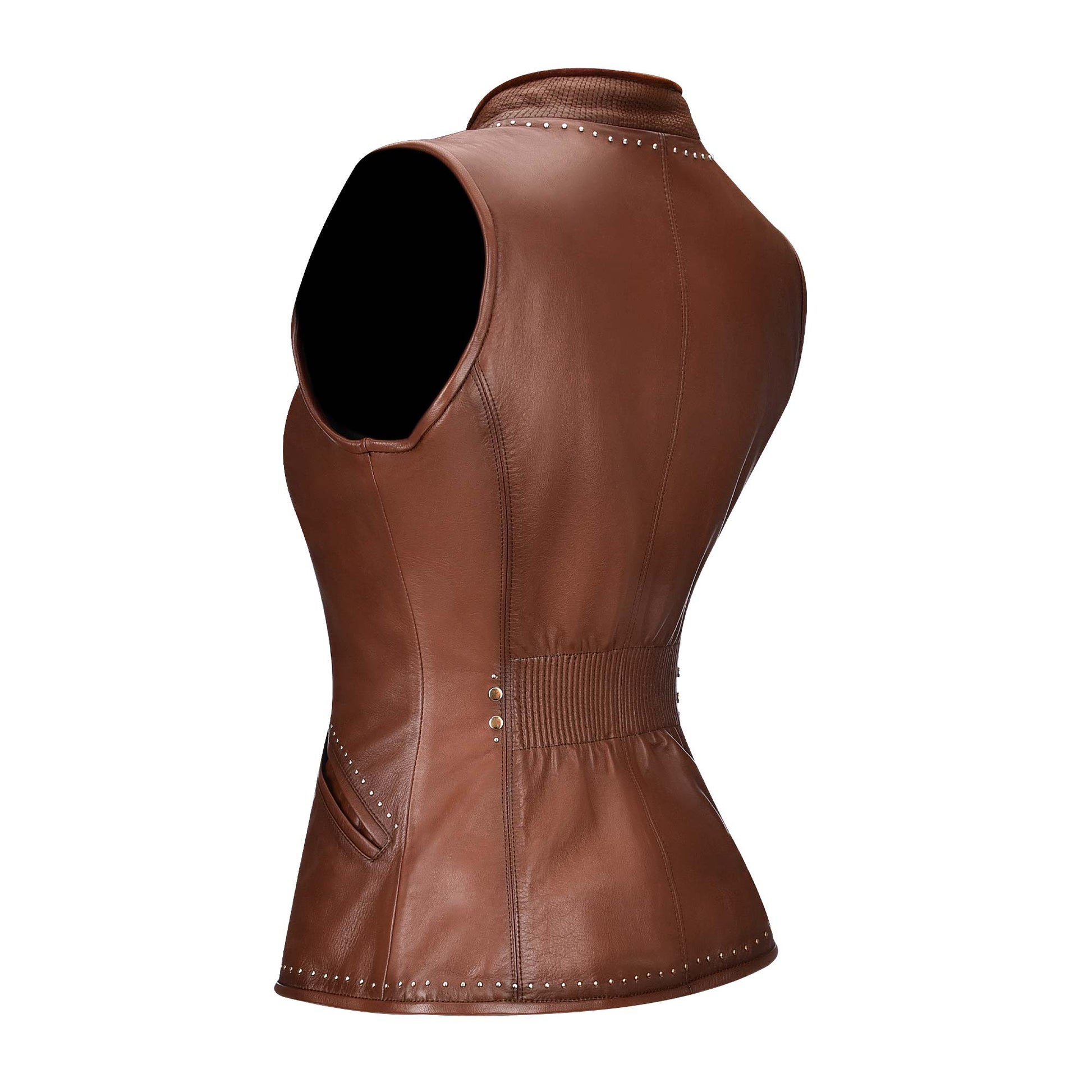 Embroidered honey leather reversible vest, Reversible vest for women in ovine leather. side pockets, subtle metallic applications.