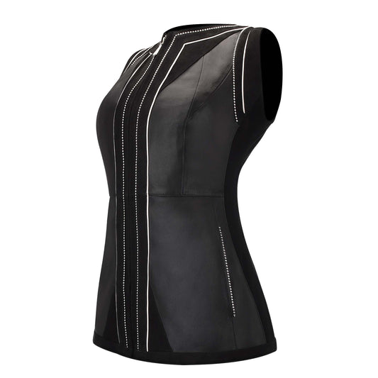 Black leather women long vest, This exquisite long vest features matte nobuck details thoughtfully placed in the shoulder, neck, and zipper area.