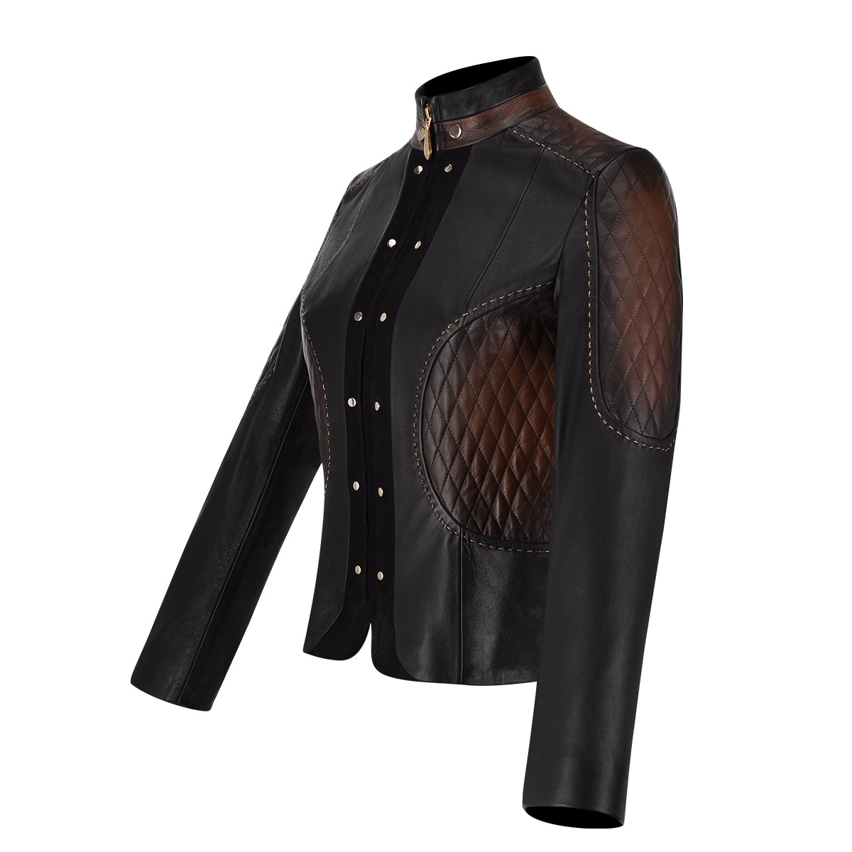 Womens black leather short jacket, Shearling jacket for women. Embroidered with geometric motifs on the front and on the sides. 