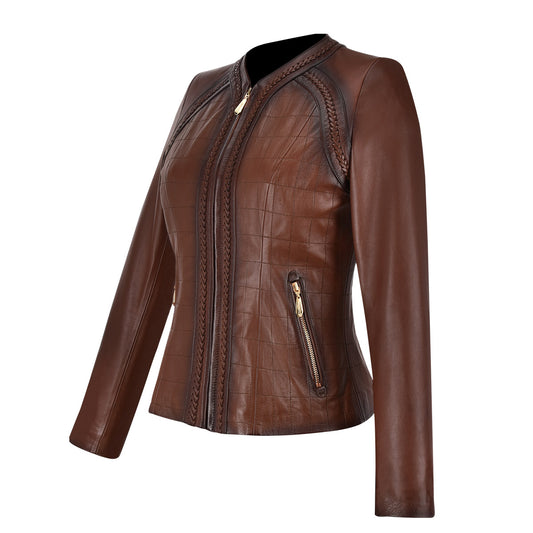 Brown leather shearling jacket, Shearling jacket for women with a V-neck