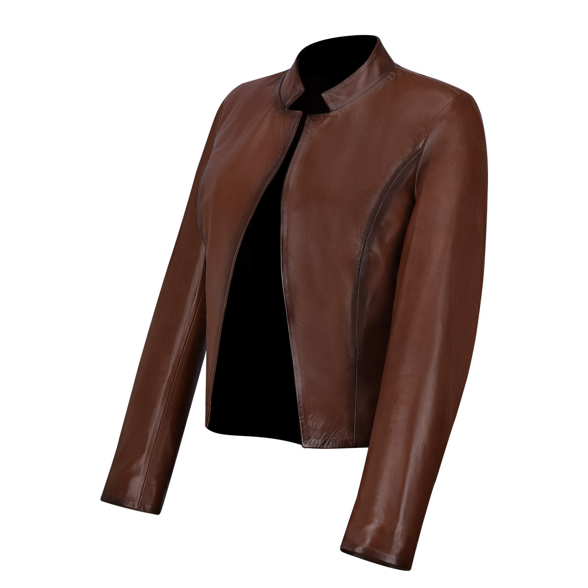 Womens brown leather short jacket, Jacket for women. With hadwoven details on the sides, with no closure at the front an minimalistic design.