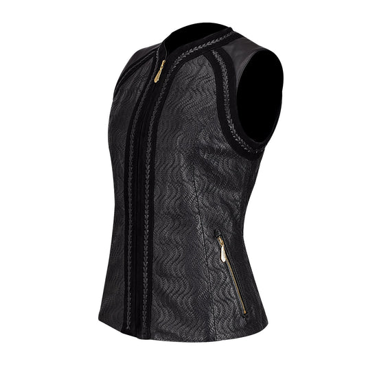Womens formal black leather vest, Sheepskin vest for women. I fine checkered embroidery and handcrafted knit details on the front.