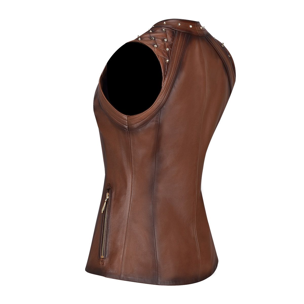 Shoulder pads leather vest, Ovine leather vest for women. It features metal shoulder pads and quilted embroidery on the shoulders. 