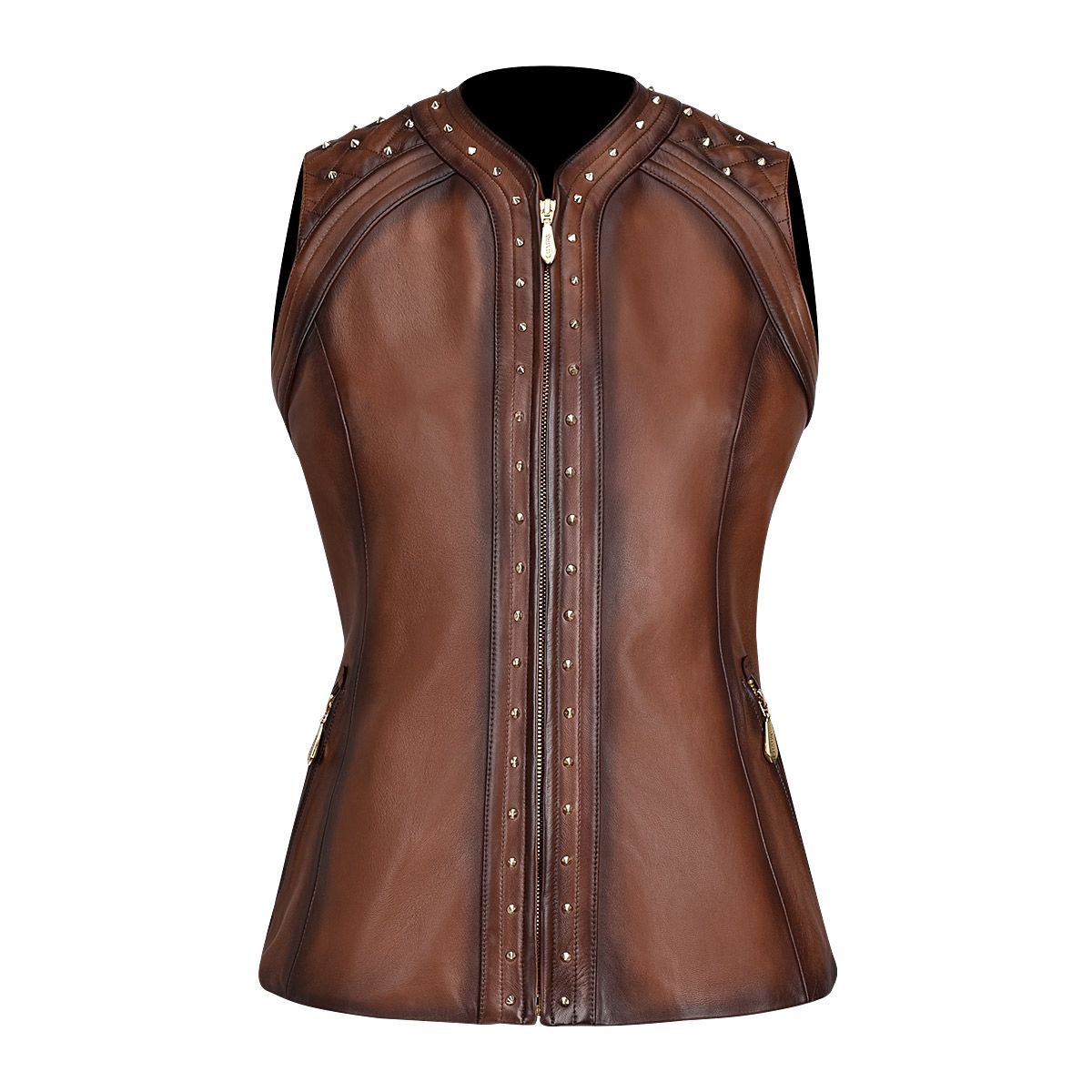 Womens Soulderpads brown leather vest