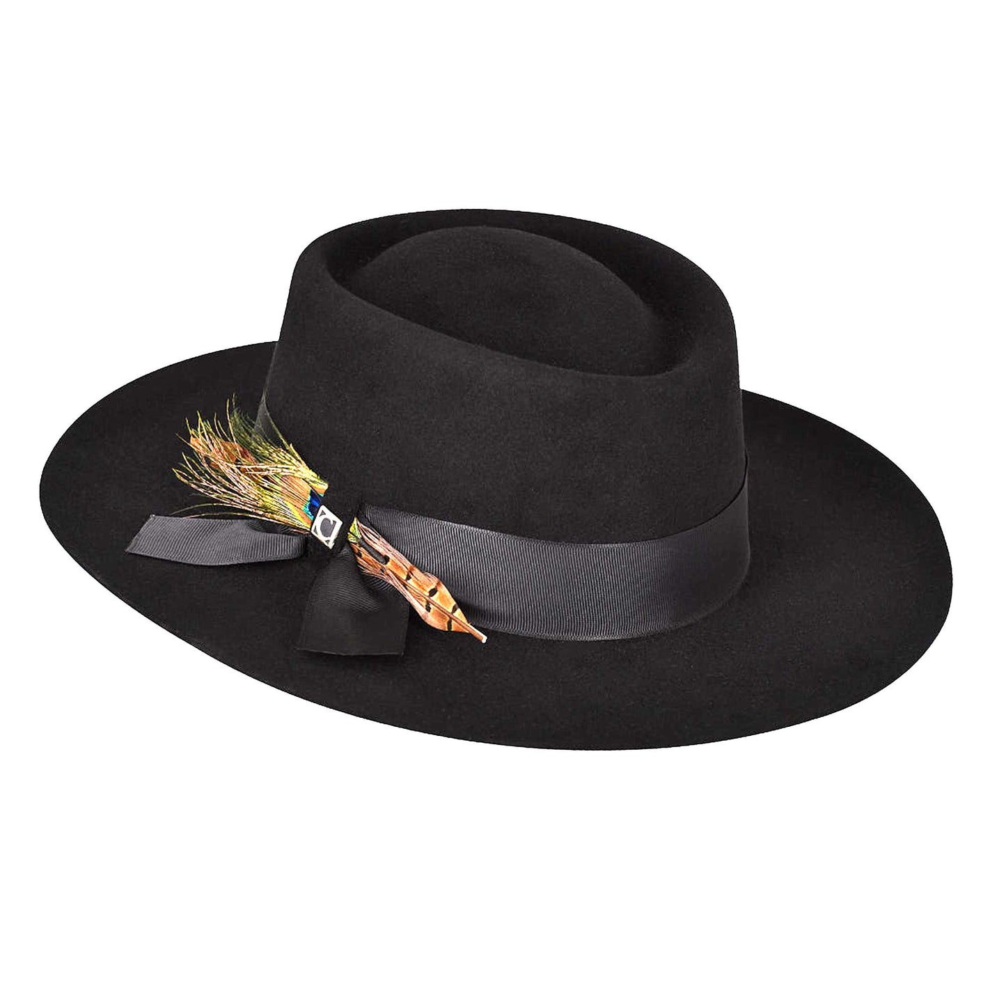 Sombrero Cuadra negro con cintillo de tela y plumas
