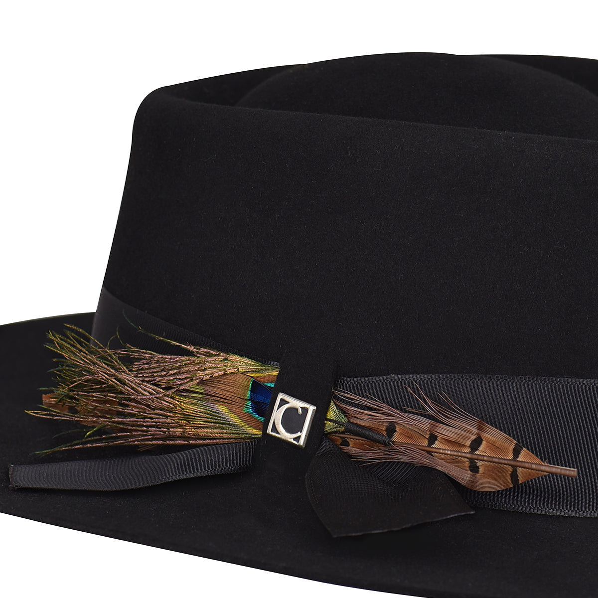 Cuadra black hat with fabric and feathers headband