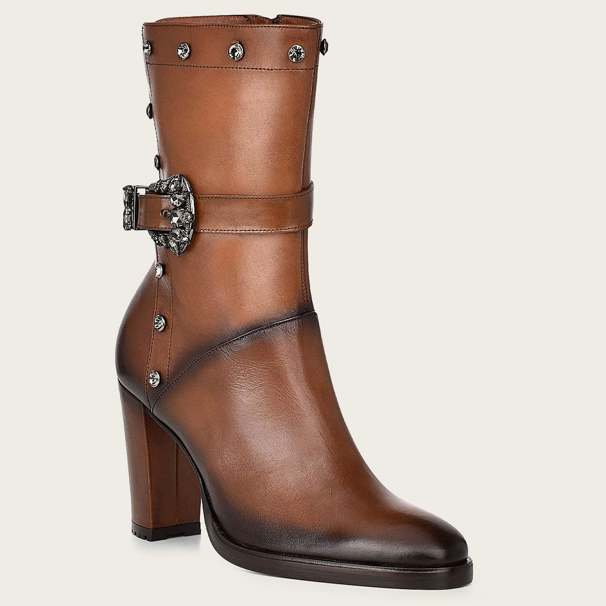 Women's Bovine Leather Booties with Crystal Applications and Metallic Buckle.
