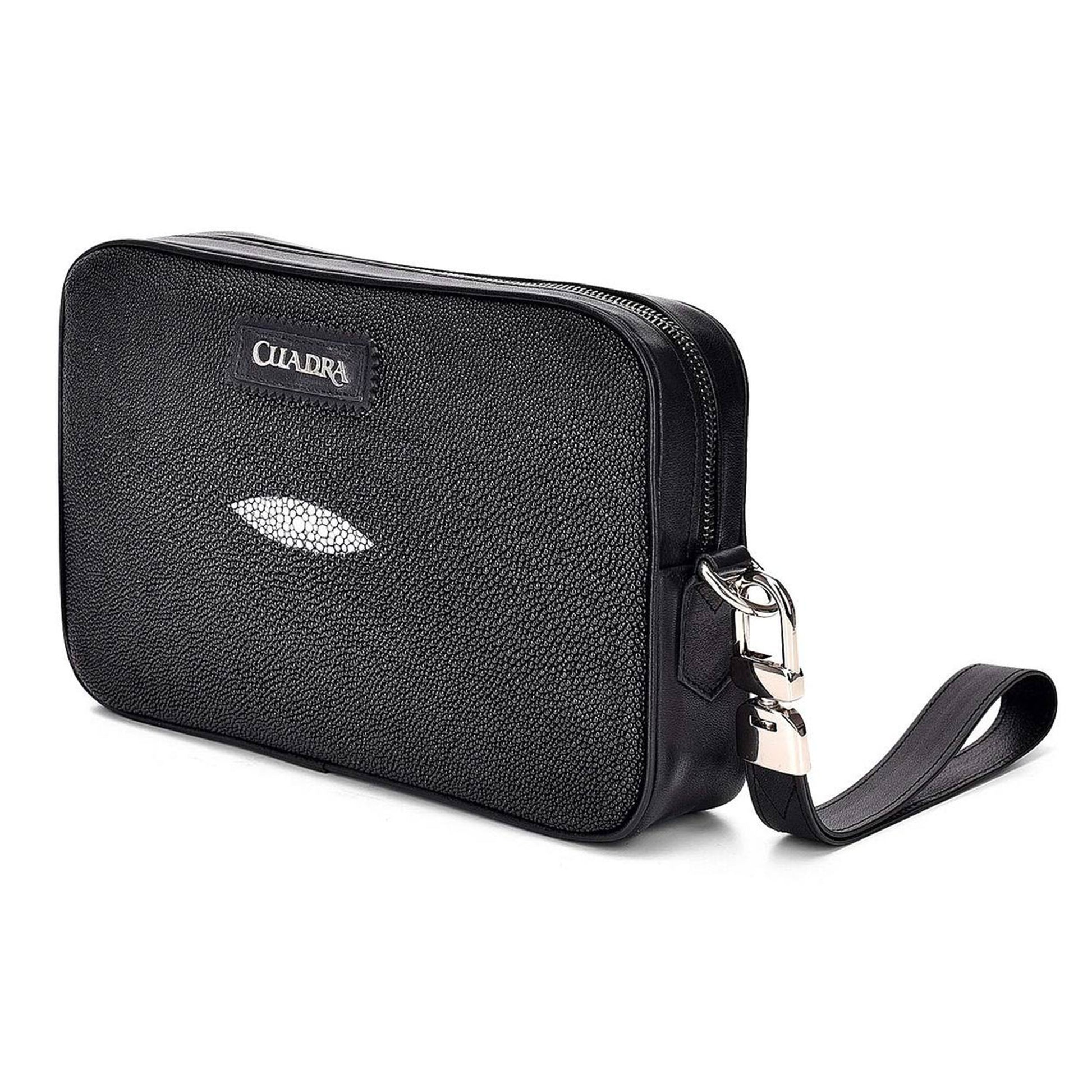 Black leather document bag, with metallic details.